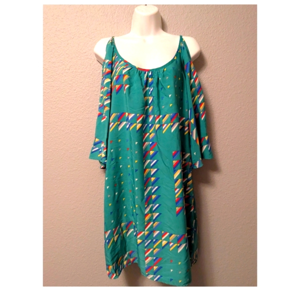 Glam On or Off the Shoulder Colorful Geometric Print Shift Dress Sz. L - Picture 10 of 14